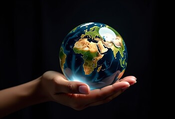 A clear glass globe showing the continents of the world on a black background, held in a hand