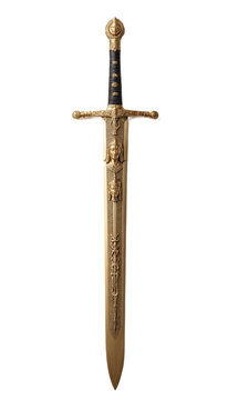 A gold sword with a black handle on a white background.isolated on transparent or white background