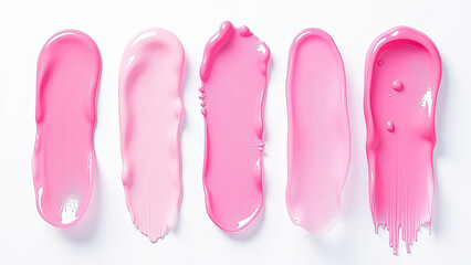 Set of different strokes and drops of translucent pink gel on white background