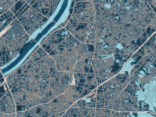 Painterly Style City Map of Neyagawa, Japan in a Blue Color Scheme.