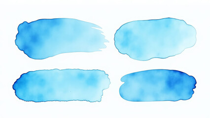Set of different strokes and drops of translucent blue gel on white background