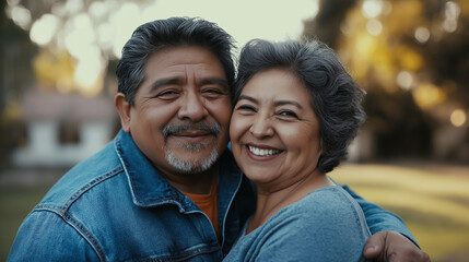 Fototapeta premium Heartwarming scene of an elderly couple enjoying a sunny day, embracing love and happiness, cherishing joyful moments together in a peaceful park setting