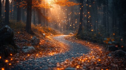A magical forest path illuminated by warm light streaming through the trees with glowing particles floating in the air.