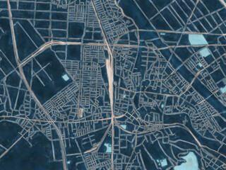 Painterly Style City Map of Niitsu-honcho, Japan in a Blue Color Scheme.