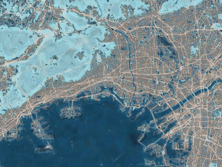 Painterly Style City Map of Nishinomiya-hama, Japan in a Blue Color Scheme.