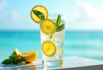 A glass of iced lemonade with slices of fresh lemon and mint leaves, with water droplets on the...