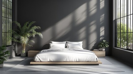 A minimalist bedroom with a large bed, two plants, and a window with a view of the city. The room is painted in a dark gray color, which gives it a modern and sophisticated feel.