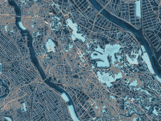 Painterly Style City Map of Noda, Japan in a Blue Color Scheme.