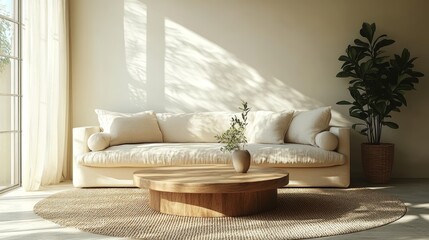A minimalist living room with a white sofa, wooden coffee table, and a plant in a pot. Sunlight streams through the window, casting shadows on the wall.