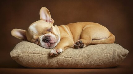 A small, fawn-colored French Bulldog puppy sleeps soundly on a tan pillow.