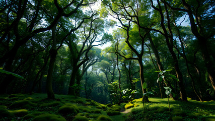 Naklejka premium A lush green forest with a lot of trees and a lot of moss