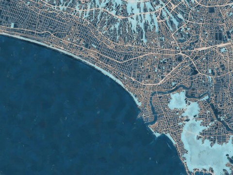 Painterly Style City Map of Numazu, Japan in a Blue Color Scheme.