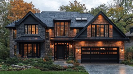 Modern home exterior with stone and brick, illuminated at dusk.