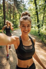 Cheerful young woman taking a selfie while jogging in a lush forest