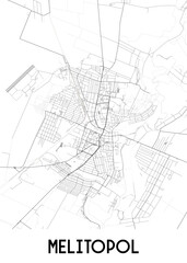 Fototapeta premium Map of Melitopol, a city in Ukraine. The map depicts a network of streets and roads, outlining the city's urban layout. A river winds through the city, adding a natural element to the urban landscape