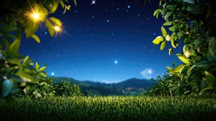 Serene Night Sky with Lush Greenery and Stars