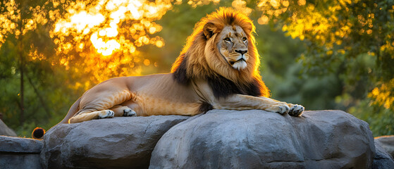Majestic lion relaxing on rocks at sunset.