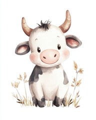 Adorable watercolor cartoon cow illustration with a happy expression, perfect for nursery decor and children's rooms.