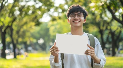 A young man grins while holding a blank certificate mockup in a bright outdoor scene