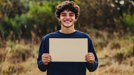 A young man with a big smile holds a blank certificate outdoors, showcasing its potential uses