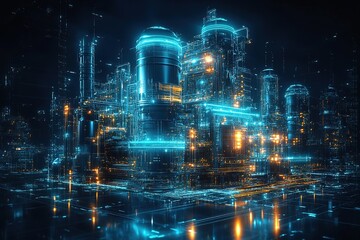 Futuristic cityscape with glowing lines and neon lights.