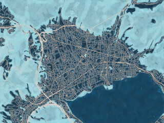 Painterly Style City Map of Okaya, Japan in a Blue Color Scheme.