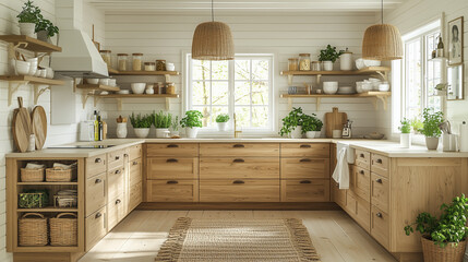 Fototapeta premium Scandinavian-style kitchen with light wood cabinets and linen accents