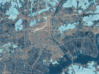 Painterly Style City Map of Okayama, Japan in a Blue Color Scheme.