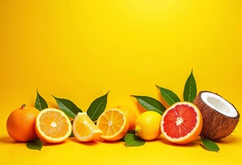Assorted citrus fruits including orange, grapefruit, lemon, and coconut on a bright yellow background