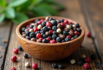 Assorted peppercorns in a bowl on a wooden surface, including black, white, and red peppercorns - Powered by Adobe