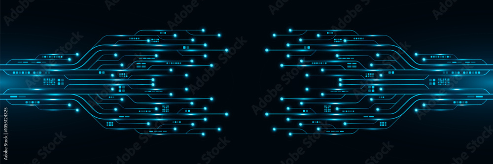 Poster glowing computer circuit board with electronics details. futuristic ai background with hi-tech panel