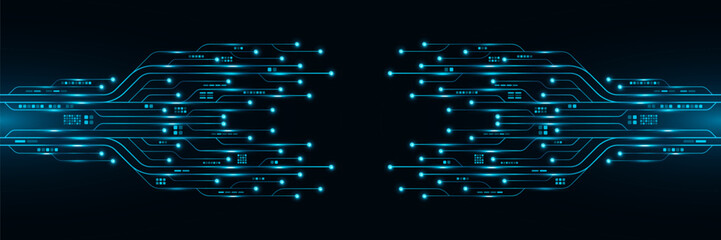 Glowing computer circuit board with electronics details. Futuristic AI background with hi-tech panel. Modern technology cover design. Vector illustration. EPS 10 © sersupervector