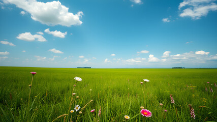 A field of grass with a few pink flowers in the foreground