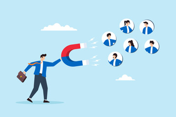 Flat illustration of businessman use magnet attract customer brand engagement social positive feedback share loyalty and trust