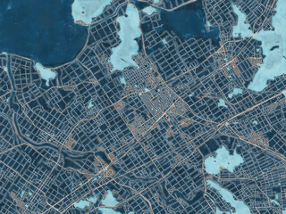 Painterly Style City Map of Omihachiman, Japan in a Blue Color Scheme.