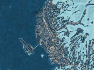 Painterly Style City Map of Omura, Japan in a Blue Color Scheme.