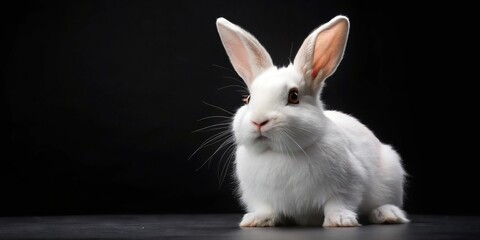 Fototapeta premium White rabbit posing in front of a black background at a tilted angle