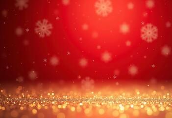Festive red and gold background with snowflakes, bokeh lights, and a glittery golden surface