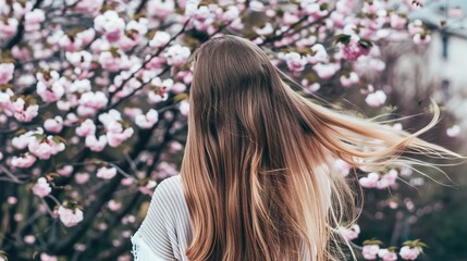 Naklejka premium Beautiful young woman with long curly blonde hair from behind holding blooming branch of sakura tree