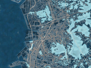 Painterly Style City Map of Omuta, Japan in a Blue Color Scheme.