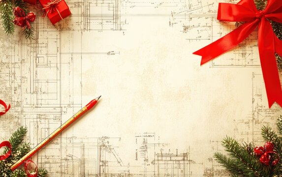 Architecture Christmas: Background with blueprint-style designs, ruler, pencil, and festive decor like red ribbons or miniature buildings, with space for text; ideal for architects and design firms 