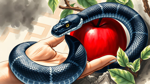 A hand holding a snake and an apple