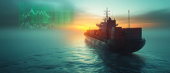 Fototapeta premium A cargo ship sailing at sunset, with a digital graph overlay representing trade or finance.