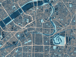 Painterly Style City Map of Osaka City Center, Japan in a Blue Color Scheme.