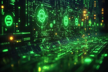 Fototapeta premium Futuristic digital interface with glowing green circuit board patterns.