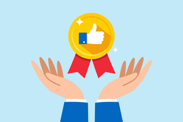 Flat illustration of businessman hand hold thumb up medal badge with ribbon endorsing high quality product employee performance with public approval