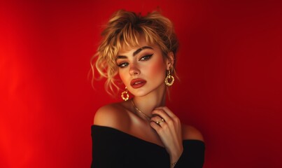 Fototapeta premium A stylish woman poses confidently against a vibrant red backdrop, showcasing fashion and elegance in a warm indoor setting