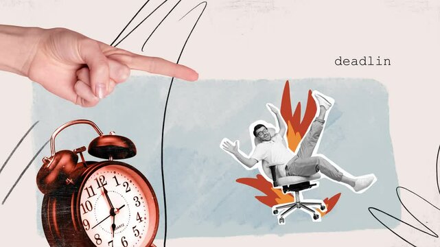 Motion collage video of happy man ride chair boss hand point dismissal out alarm clock fire deadline rebuke 