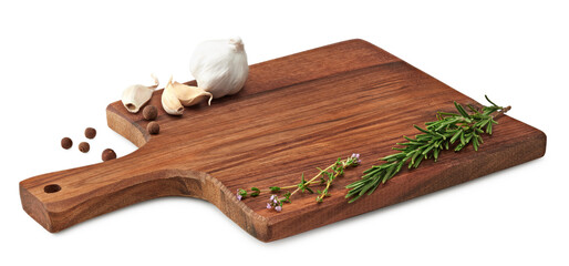 rustic kitchen wooden board with garlic and rosemary isolated on white background. clipping path