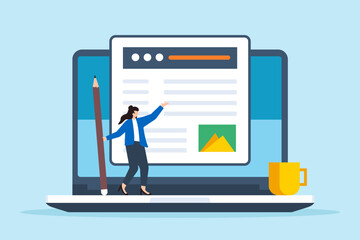 Flat illustration of creative woman hold pencil publishing content and writing article online on website in laptop screen writer blogger advertising freelance journalist